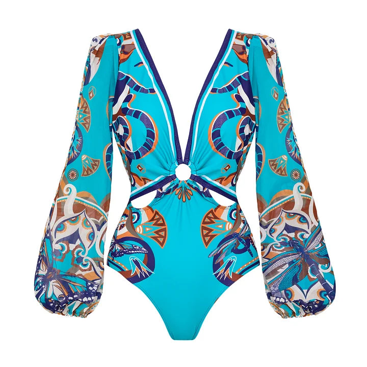 Maillot de bain une pièce à manches longues et jupe pour femme, imprimé vert jungle, 2025