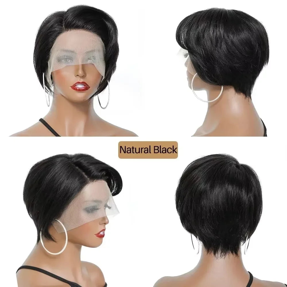 Perruque courte coupe Pixie, cheveux humains, coupe Bob, dentelle transparente, raie sur le côté, pour femmes, 13x4