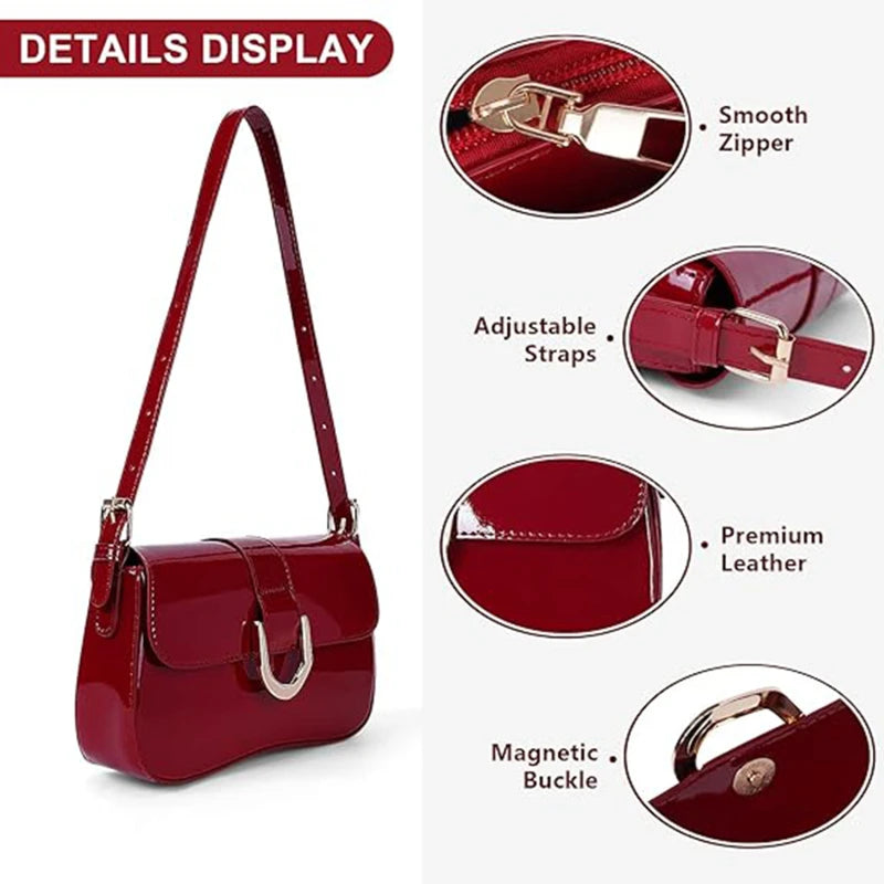 Sac à bandoulière rétro en cuir verni pour femme, sac à bandoulière à rabat de luxe, sac sous les bras de couleur unie, sac à bandoulière rouge pour femme
