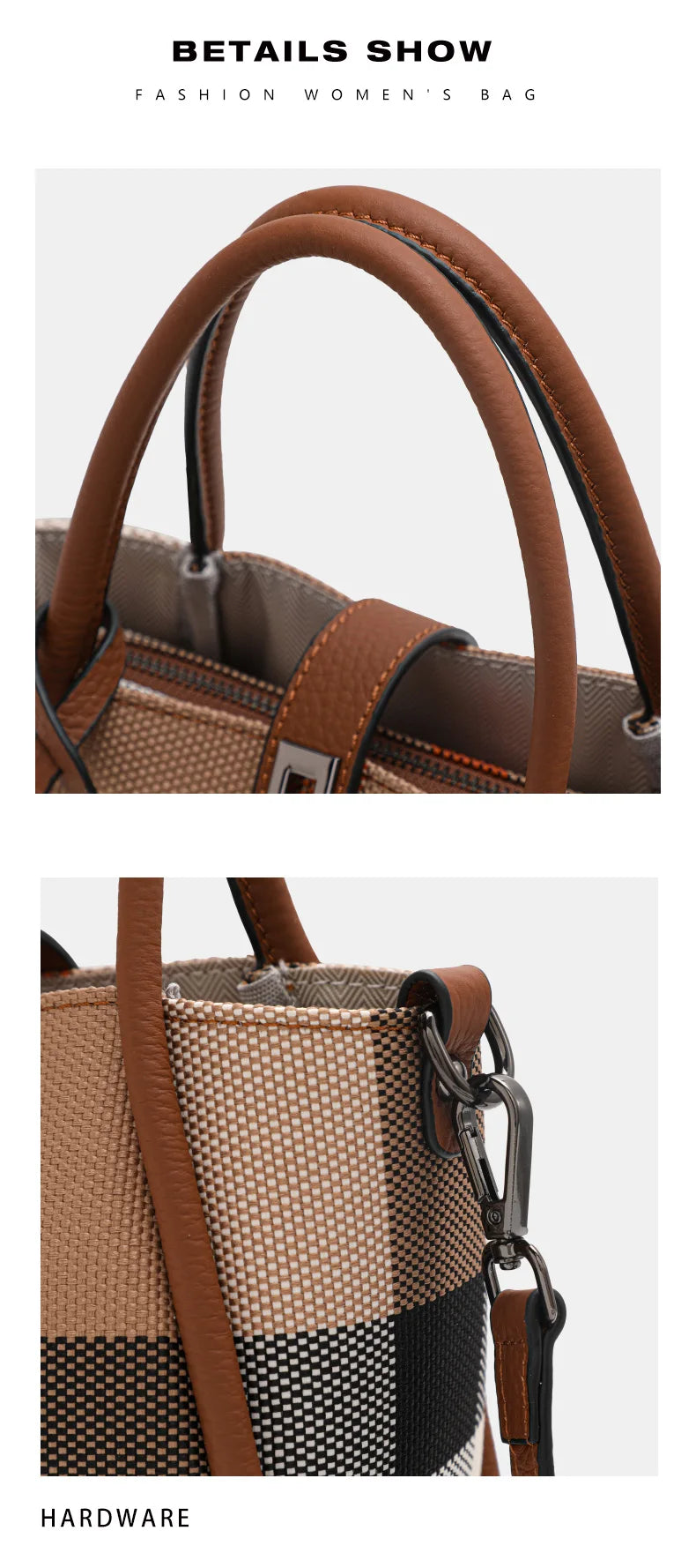 Aidrani  New women's plaid handbag, mini style, made of canvas and cowhide materials, brown
