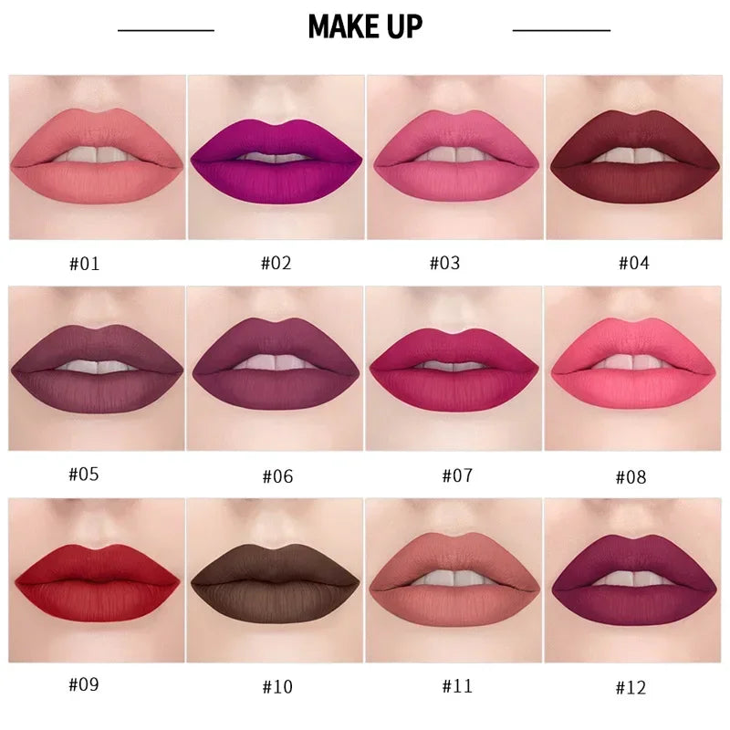 Rouges à lèvres mats 12 couleurs, longue tenue, waterproof, hautement pigmentés, fini velours, maquillage classique sans bavures
