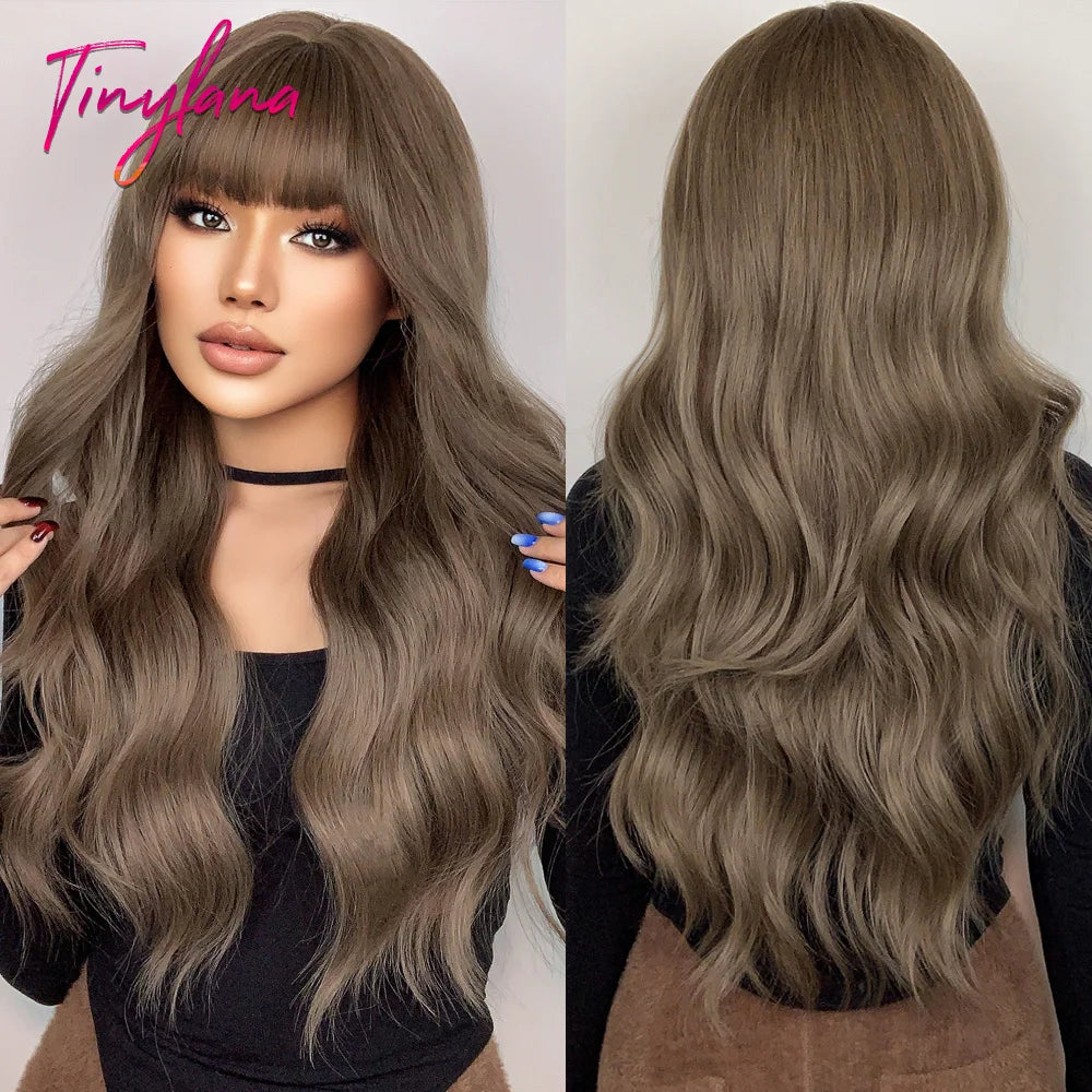 Perruques synthétiques longues bouclées gris cendré platine avec frange pour femmes, perruque afro ondulée profonde, perruque Lolita Cosplay, cheveux naturels résistants à la chaleur