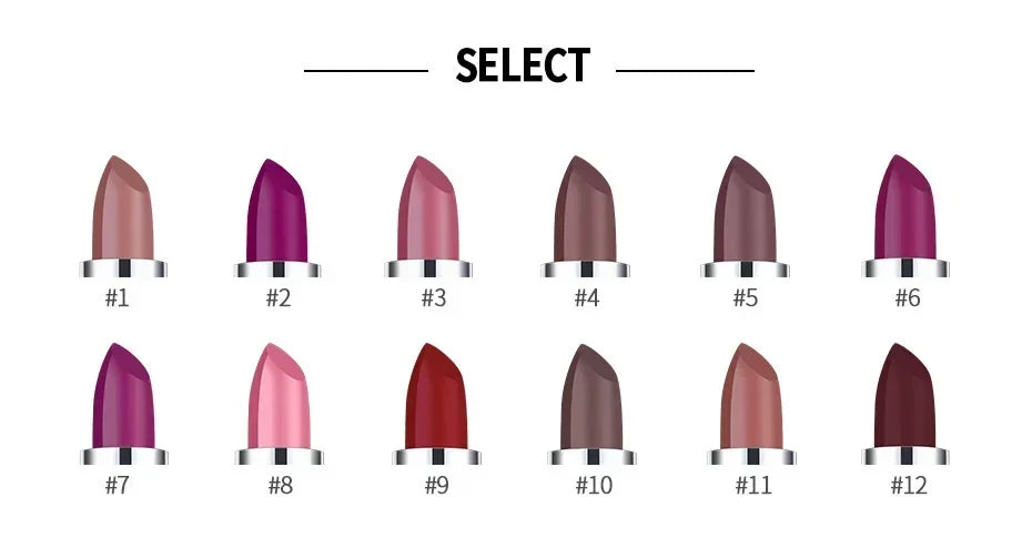 Rouges à lèvres mats 12 couleurs, longue tenue, waterproof, hautement pigmentés, fini velours, maquillage classique sans bavures