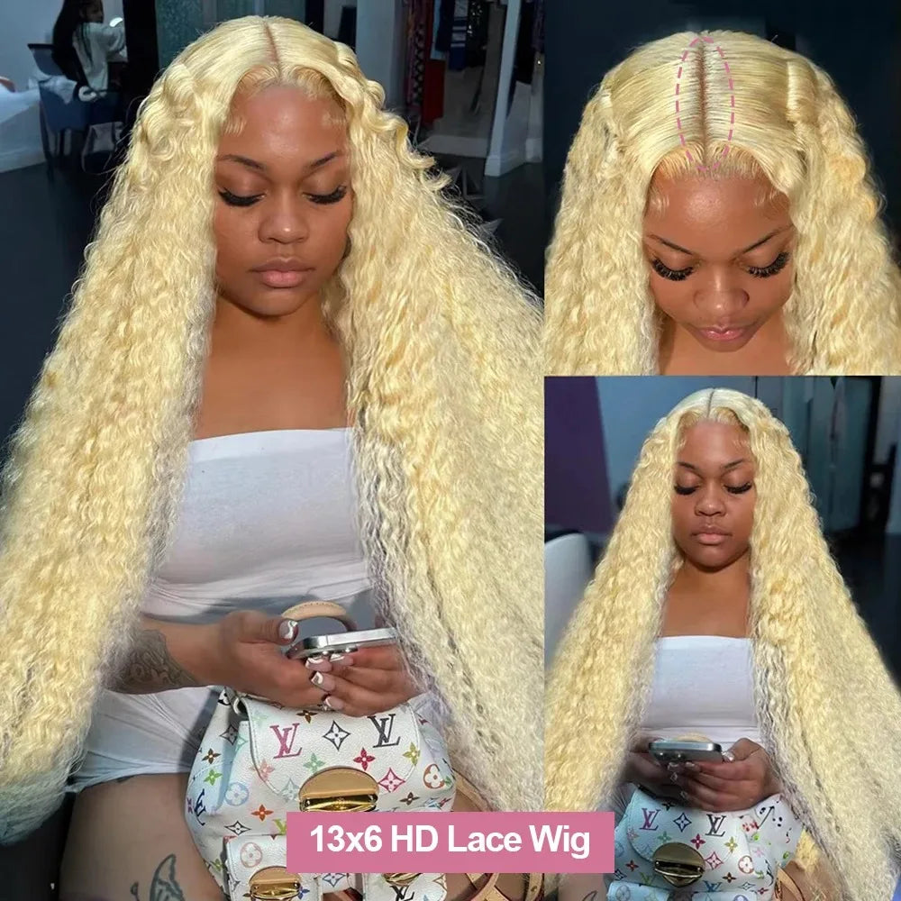 Perruque Lace Frontal Wig 613 HD 13x6, cheveux humains ondulés, 13x4, couleur blonde, bouclés, pour femmes noires