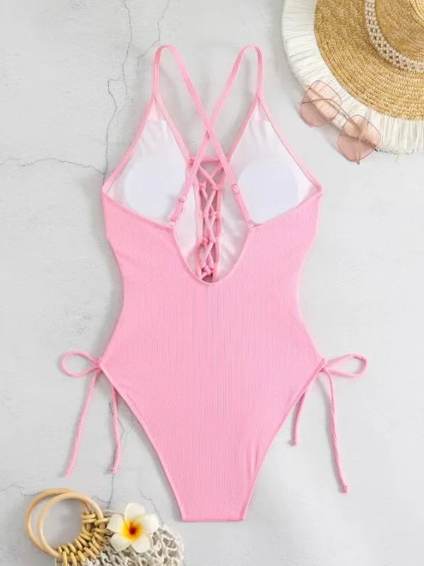 Aoaiiys Maillot de bain dos nu pour femme, monokini ajouré, lacé, string sexy, été 2025, plage, couleur unie, tendance