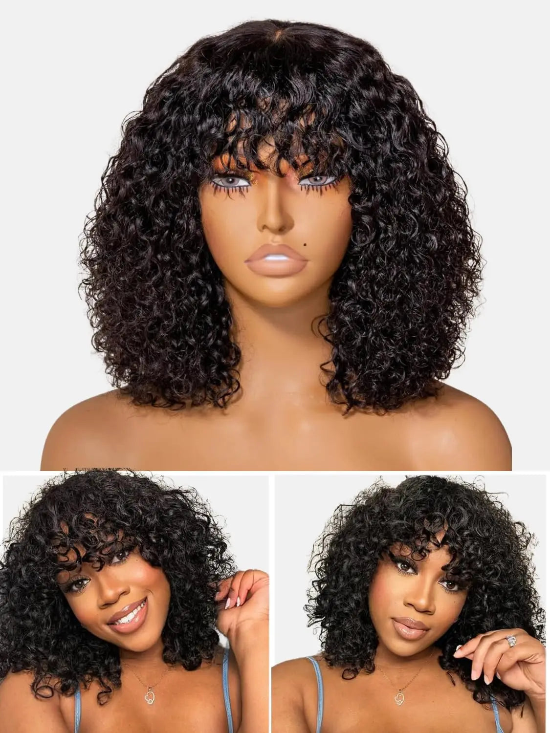 Perruques Bob brésiliennes Jerry Curl avec frange pour femmes noires, superbes perruques Remy noires foncées fabriquées à la machine à bas prix