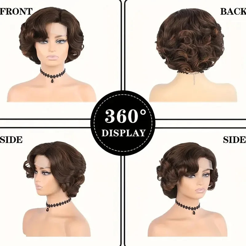Perruque en dentelle synthétique multicolore pour femme, cheveux courts bouclés, raie 4 x 1, brun clair, base en dentelle suisse, boucles françaises, ondulations naturelles