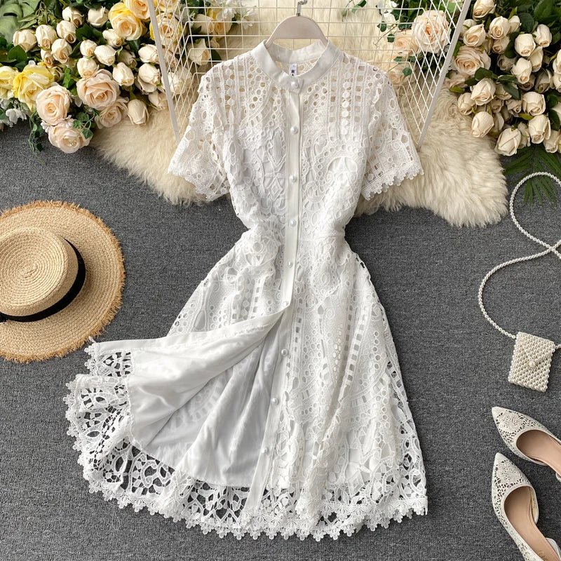 Robe vintage française en dentelle à col rond et manches courtes, style décontracté, à la mode, printemps/été
