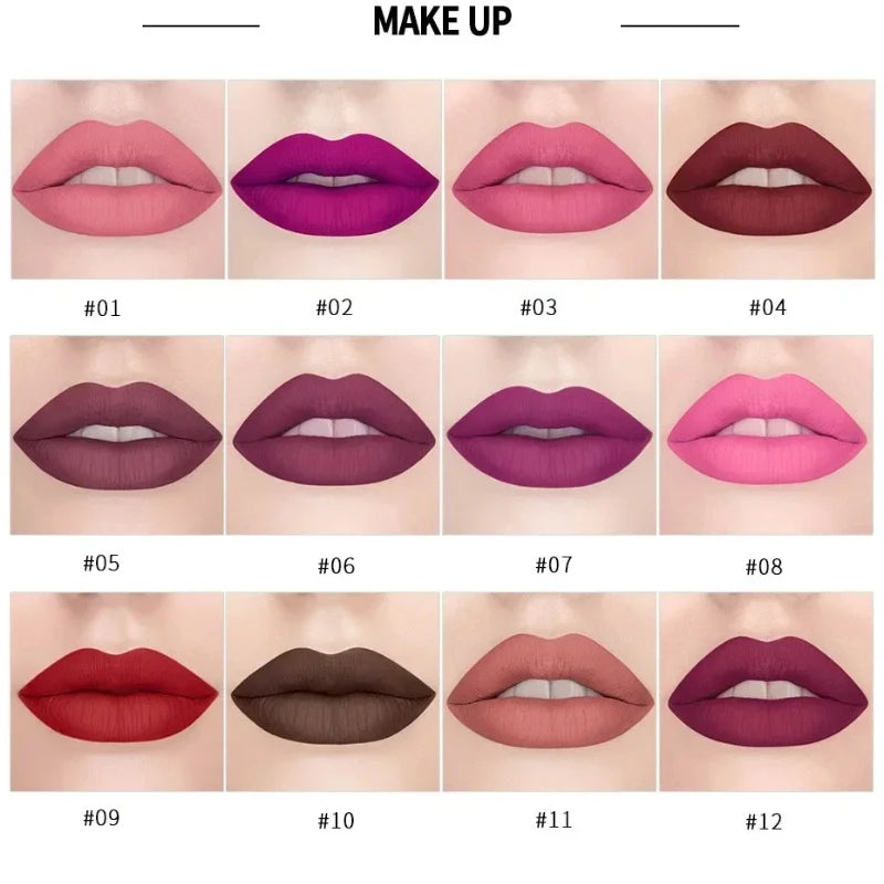 Rouges à lèvres mats 12 couleurs, longue tenue, waterproof, hautement pigmentés, fini velours, maquillage classique sans bavures