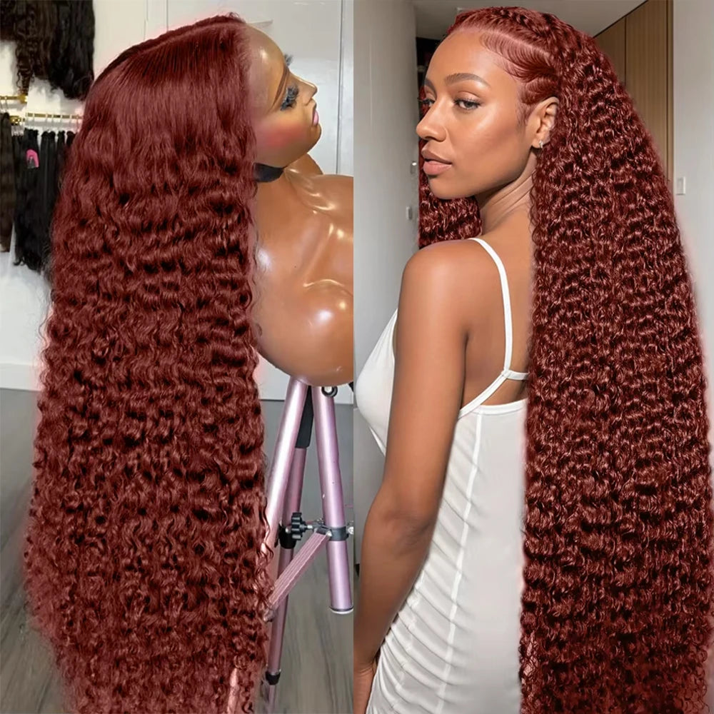 Perruque Lace Frontal Wig 220 % Deep Wave sans colle, cheveux humains bouclés, brun rougeâtre, 13x4, 7x5, pré-épilée, pré-coupée, pour femmes