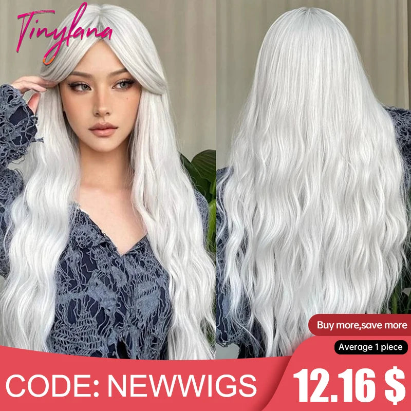 Perruques synthétiques longues bouclées gris cendré platine avec frange pour femmes, perruque afro ondulée profonde, perruque Lolita Cosplay, cheveux naturels résistants à la chaleur
