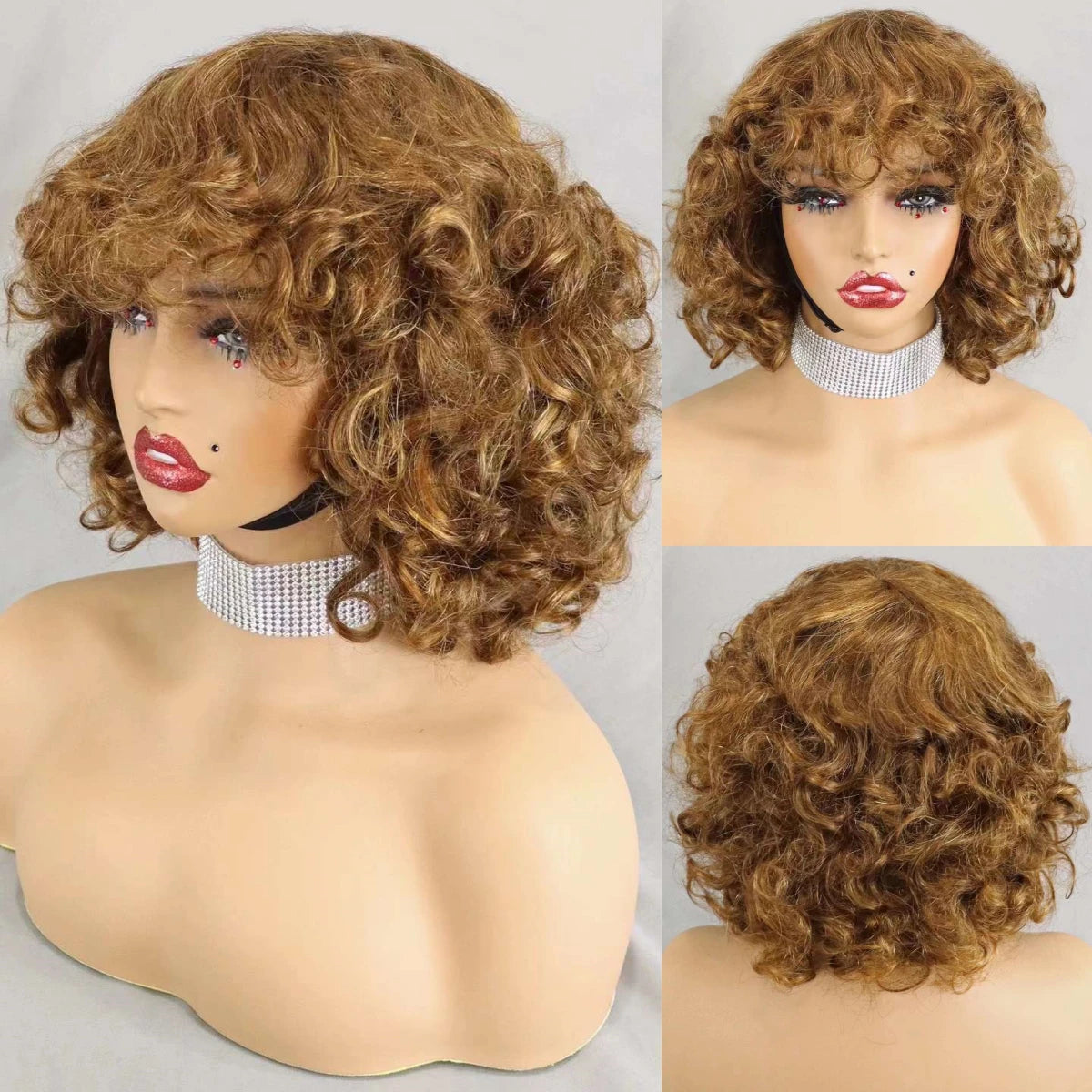 Perruques de cheveux humains bouclés et rebondissants bordeaux 99J #, densité 200 %, avec frange, courtes, bouclées et lâches, fabriquées à la machine, pré-épilées pour femmes