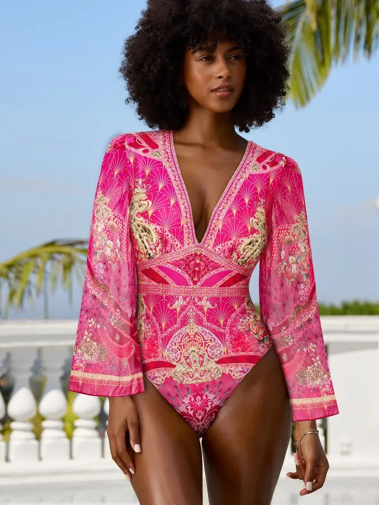 Maillot de bain une pièce à manches longues et jupe pour femme, imprimé vert jungle, 2025