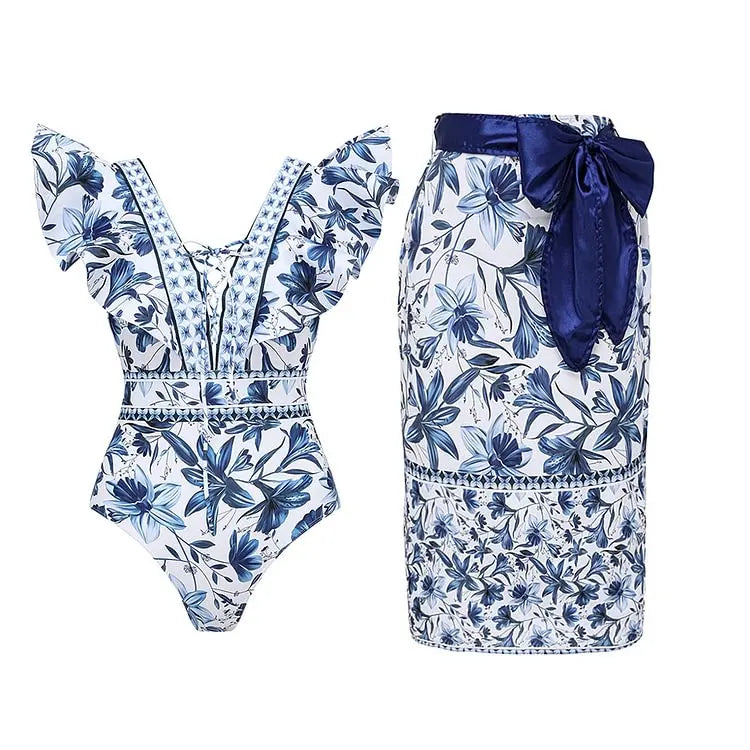 Maillot de bain et paréo imprimé vintage Flaxmaker 2025 pour femmes, élégant, sans manches, pour l'été
