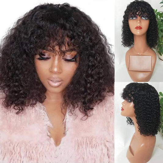 Perruques Bob brésiliennes Jerry Curl avec frange pour femmes noires, superbes perruques Remy noires foncées fabriquées à la machine à bas prix