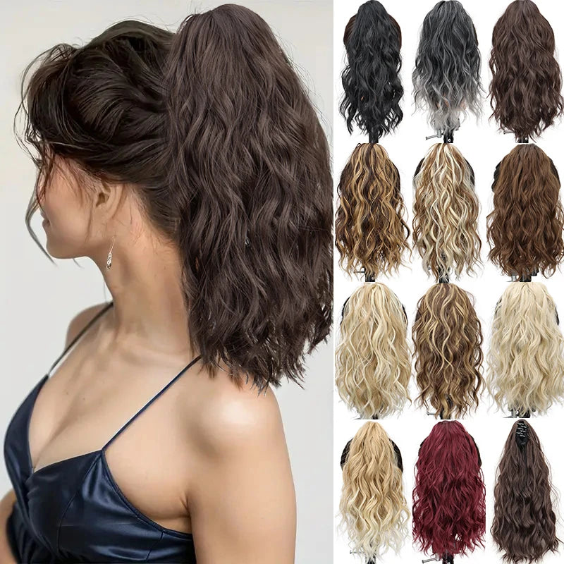 Extension capillaire synthétique courte ondulée de 35 cm, queue de cheval blonde et brune, à clipser, pour femme