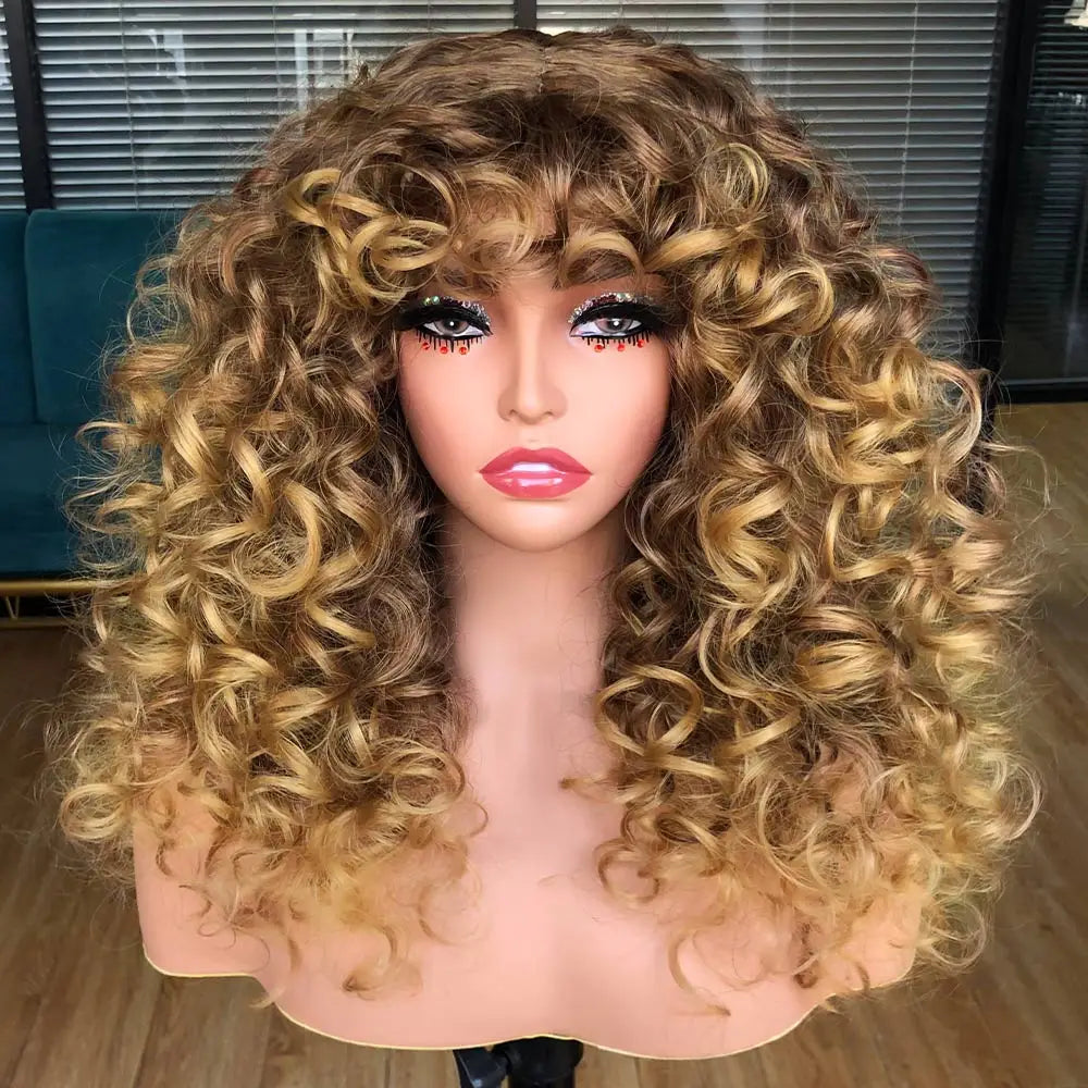 Perruque synthétique longue et bouclée avec frange pour femme, cheveux roux roux, style naturel, résistant à la chaleur, style cosplay, Hihoo