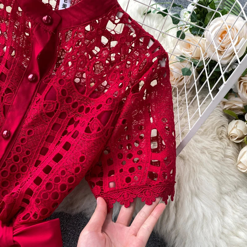 Robe vintage française en dentelle à col rond et manches courtes, style décontracté, à la mode, printemps/été
