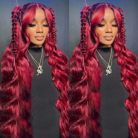 Perruque brésilienne Remy en cheveux humains ondulés bordeaux 99J, 13x6, avec dentelle frontale transparente, couleur rouge, pour femmes