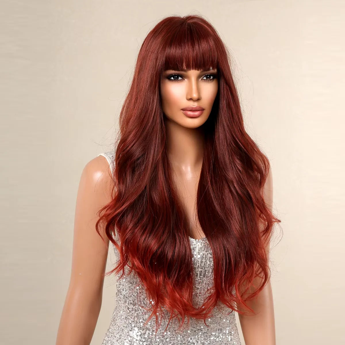 Perruques synthétiques longues ondulées bordeaux pour femmes, perruque rouge ombrée avec frange, faux cheveux naturels en fibre douce, résistante à la chaleur