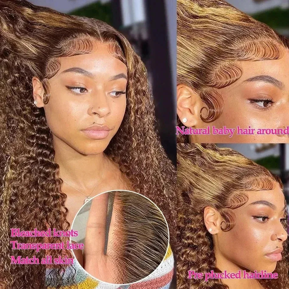 Perruque de cheveux humains bouclés avec dentelle frontale, 30 pouces, effet ondulé, brun, ombré, HD, 427