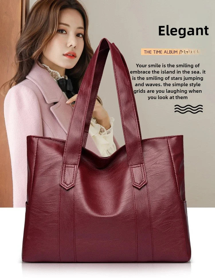 Grand sac cartable en cuir souple pour femme, classique, couleur unie, simple, décontracté, grande capacité, fourre-tout, sac à bandoulière simple