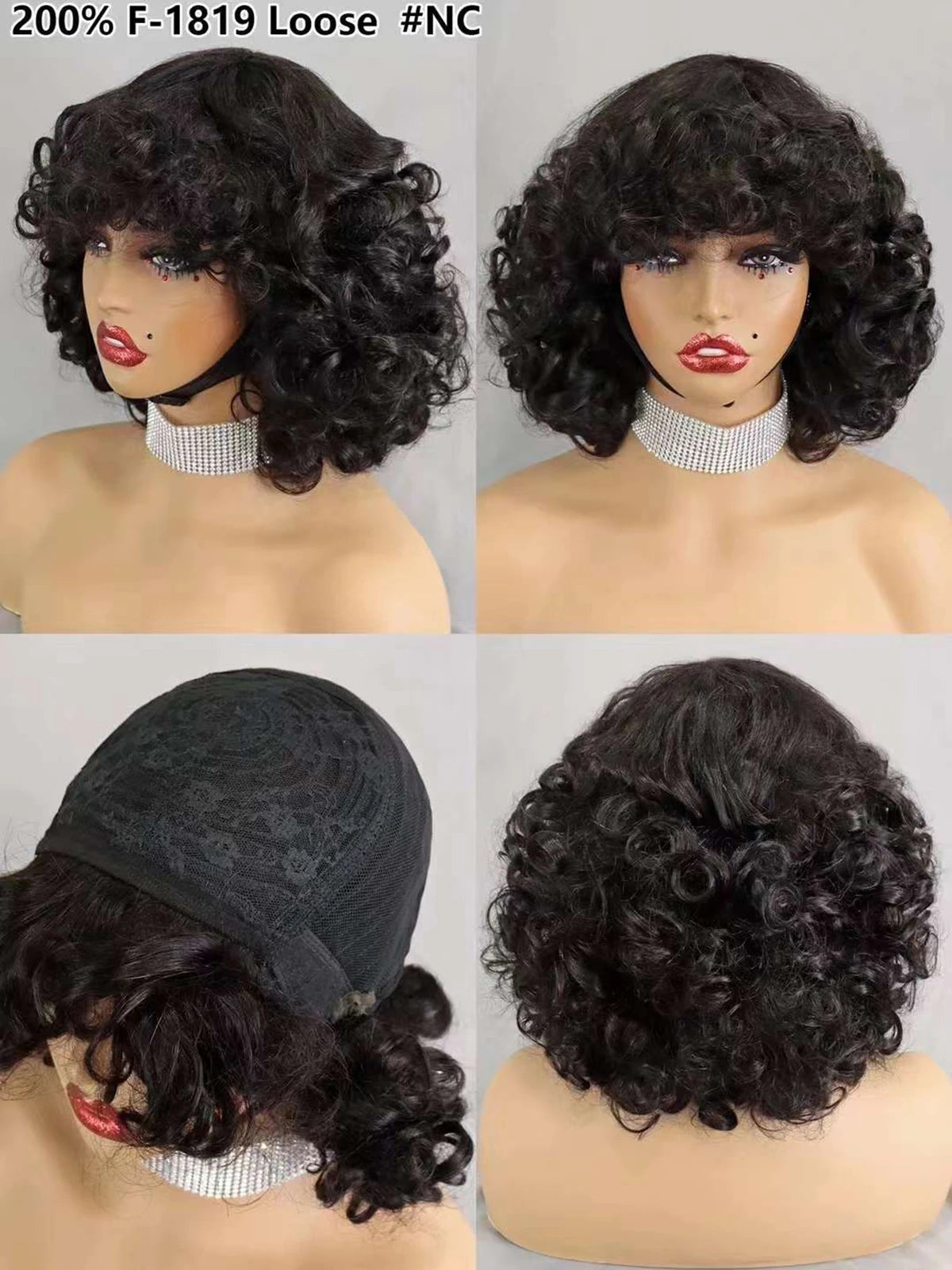 Perruques de cheveux humains bouclés et rebondissants bordeaux 99J #, densité 200 %, avec frange, courtes, bouclées et lâches, fabriquées à la machine, pré-épilées pour femmes