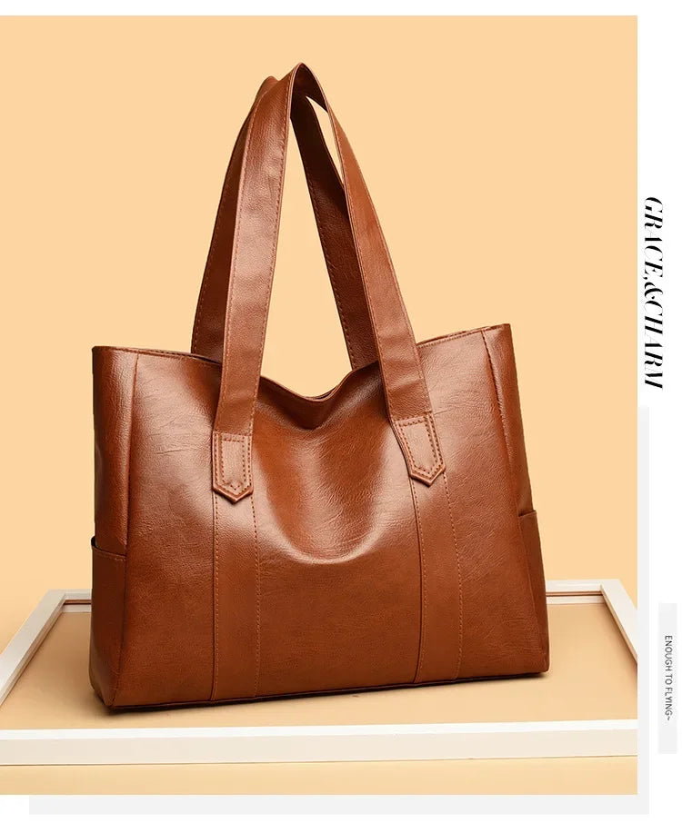 Grand sac cartable en cuir souple pour femme, classique, couleur unie, simple, décontracté, grande capacité, fourre-tout, sac à bandoulière simple