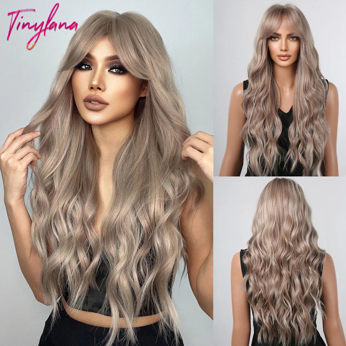 Perruques synthétiques longues bouclées gris cendré platine avec frange pour femmes, perruque afro ondulée profonde, perruque Lolita Cosplay, cheveux naturels résistants à la chaleur