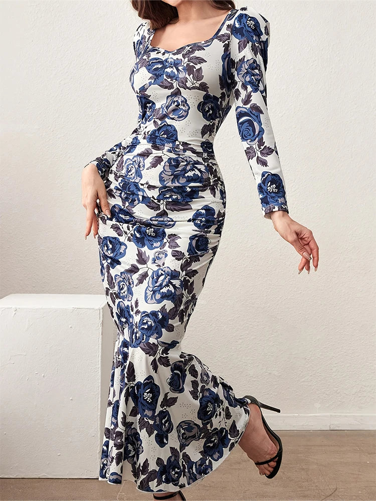 Robe élégante à manches longues et col carré pour femme, nouvelle collection printemps-été 2024