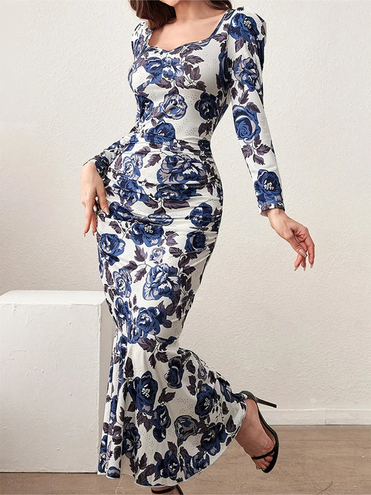 Robe élégante à manches longues et col carré pour femme, nouvelle collection printemps-été 2024