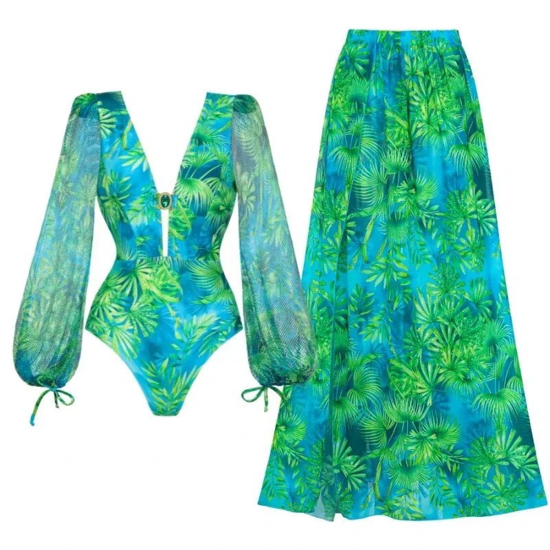 Maillot de bain une pièce à manches longues et jupe pour femme, imprimé vert jungle, 2025