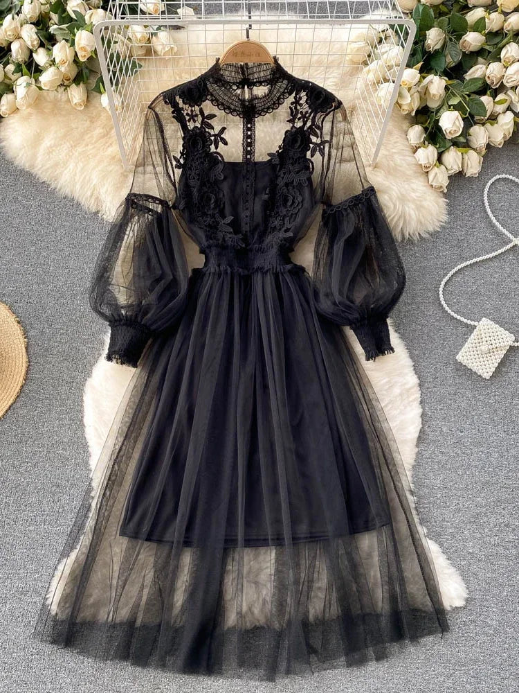 Robe pour femme, motif floral tridimensionnel, col montant, manches lanternes, taille haute, coupe ajustée