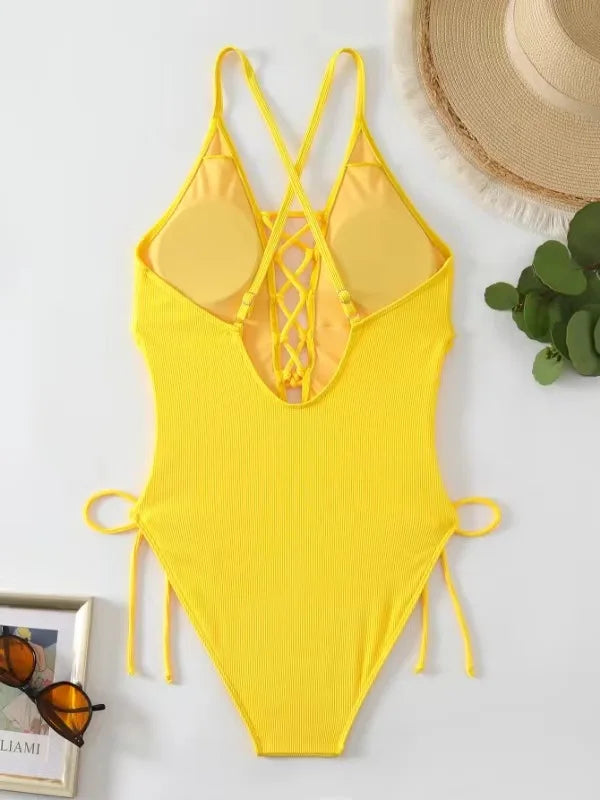 Aoaiiys Maillot de bain dos nu pour femme, monokini ajouré, lacé, string sexy, été 2025, plage, couleur unie, tendance