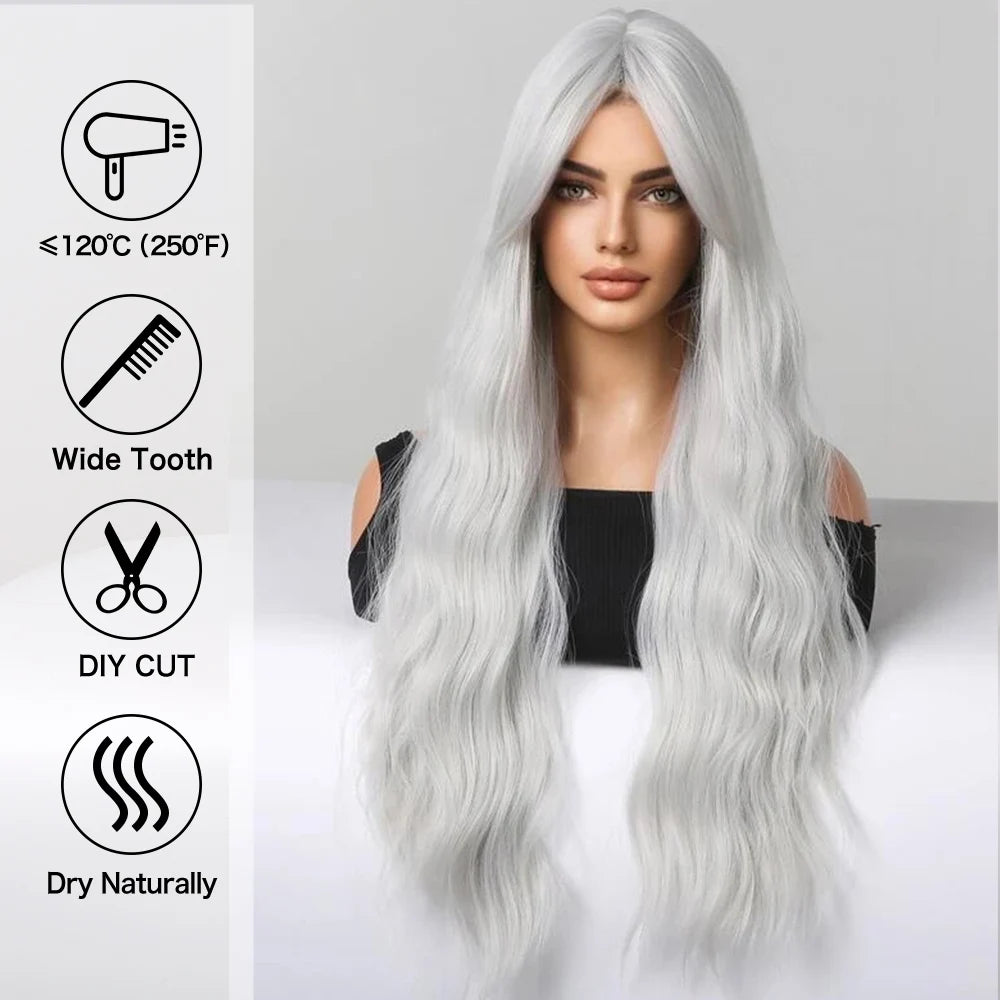 Perruques synthétiques longues bouclées gris cendré platine avec frange pour femmes, perruque afro ondulée profonde, perruque Lolita Cosplay, cheveux naturels résistants à la chaleur