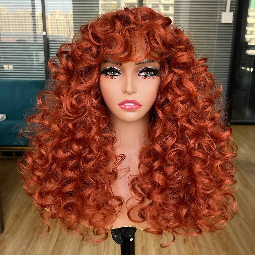 Perruque synthétique longue et bouclée avec frange pour femme, cheveux roux roux, style naturel, résistant à la chaleur, style cosplay, Hihoo