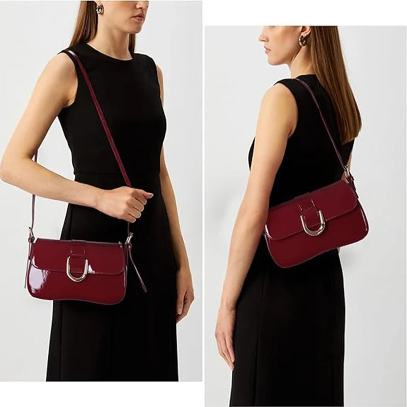Sac à bandoulière rétro en cuir verni pour femme, sac à bandoulière à rabat de luxe, sac sous les bras de couleur unie, sac à bandoulière rouge pour femme