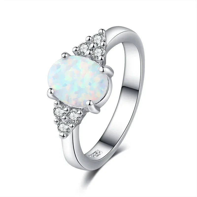 Bague de fiançailles classique en opale blanche pour femme, bijou de luxe ovale en cristal, couleur argent