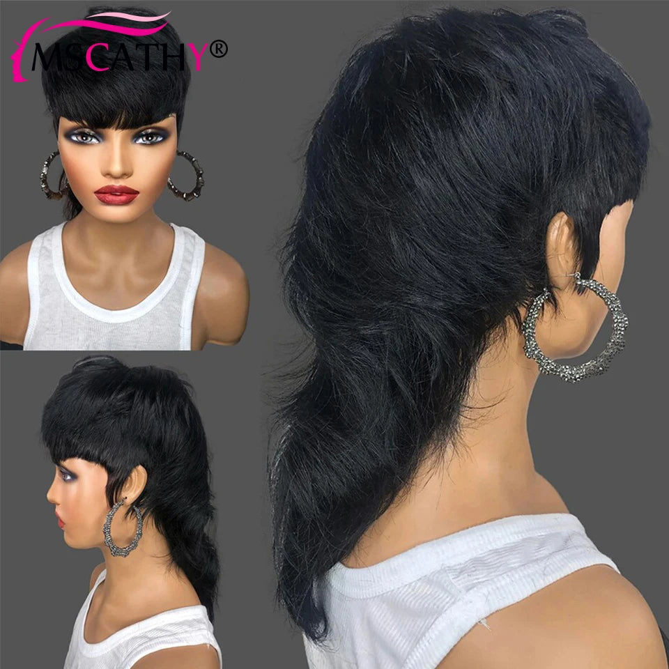 Perruques en cheveux humains ondulés, coupe courte Pixie, sans colle, fabriquées à la machine, avec queue d'aronde, pour femmes