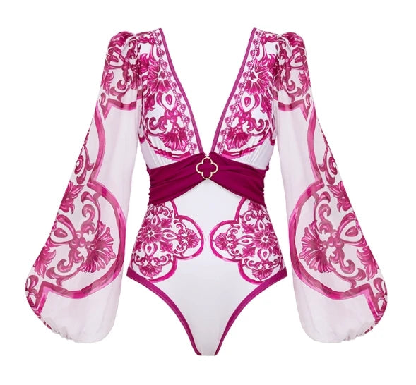 Maillot de bain une pièce à manches longues et jupe pour femme, imprimé vert jungle, 2025