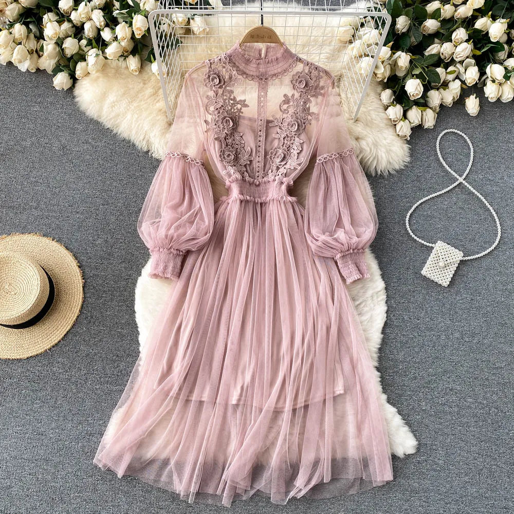 Robe pour femme, motif floral tridimensionnel, col montant, manches lanternes, taille haute, coupe ajustée