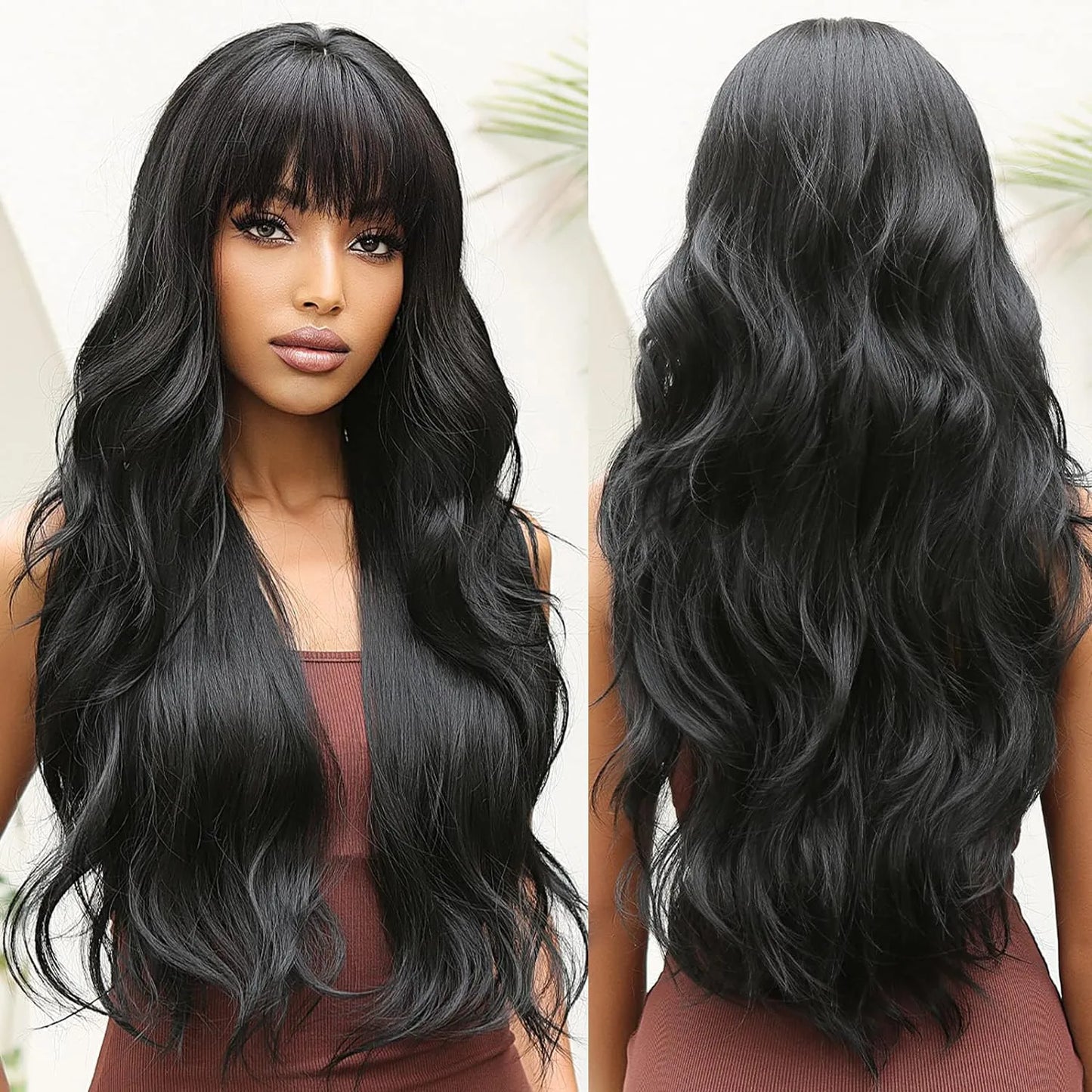 Perruques synthétiques longues ondulées bordeaux pour femmes, perruque rouge ombrée avec frange, faux cheveux naturels en fibre douce, résistante à la chaleur