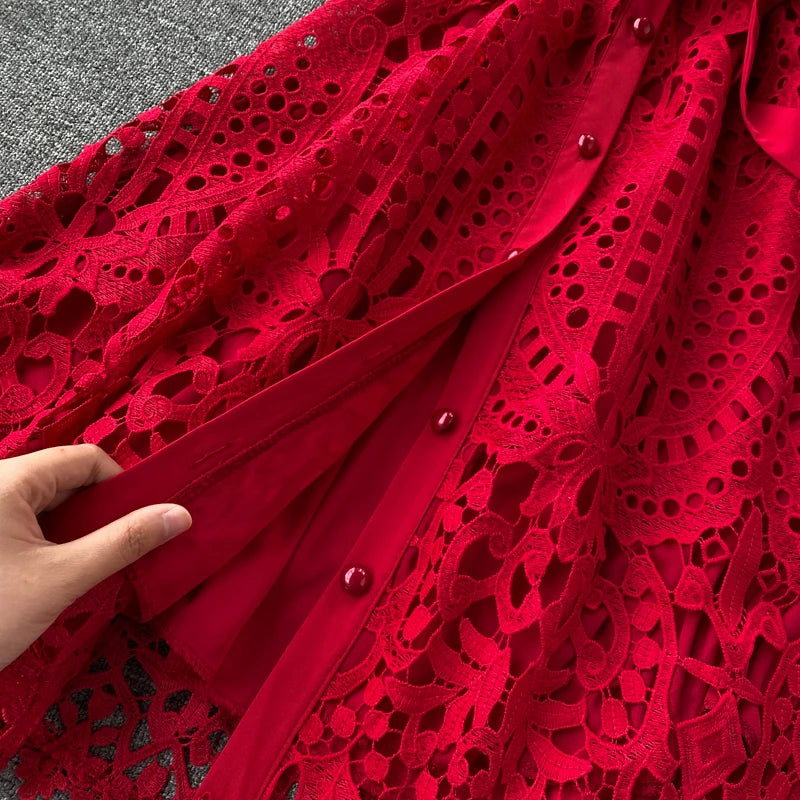 Robe vintage française en dentelle à col rond et manches courtes, style décontracté, à la mode, printemps/été