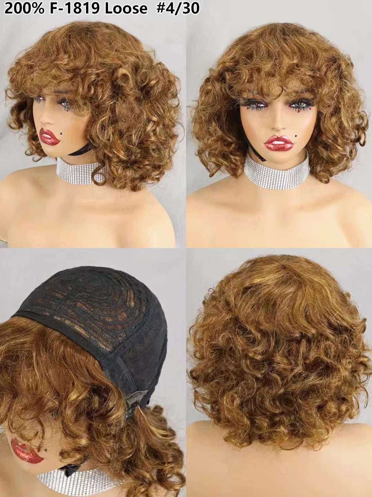 Perruques de cheveux humains bouclés et rebondissants bordeaux 99J #, densité 200 %, avec frange, courtes, bouclées et lâches, fabriquées à la machine, pré-épilées pour femmes