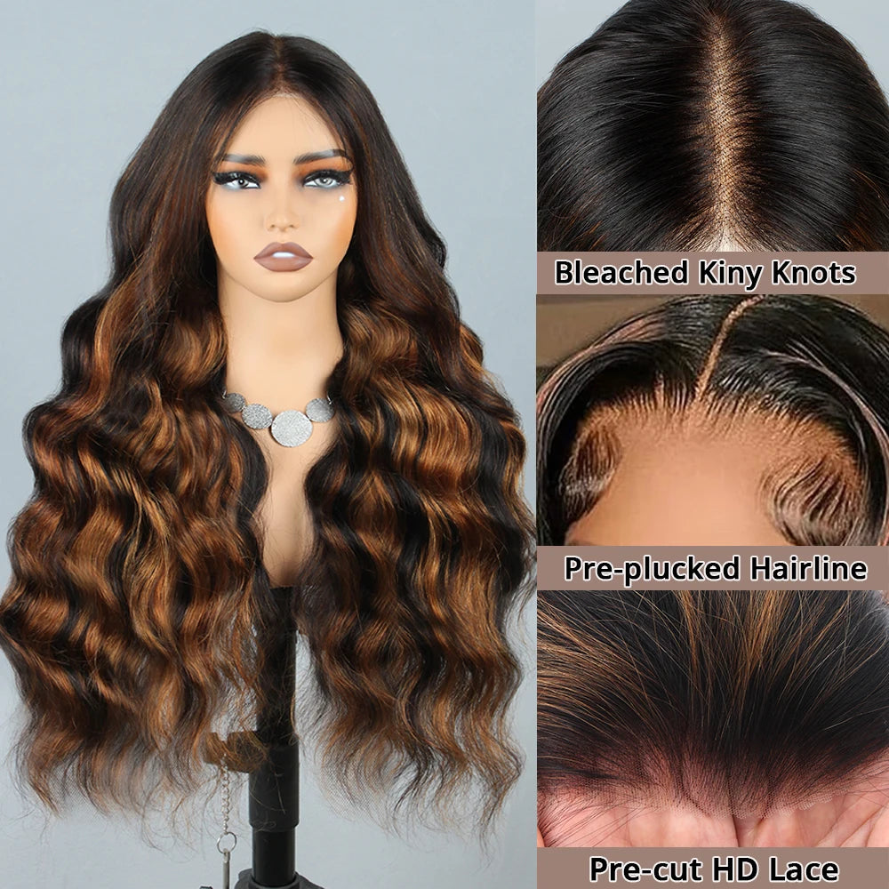 Perruques sans colle 9x6 Wear and Go en cheveux humains pré-épilés, pré-coupés, dentelle frontale 1B/30, mèches ombrées, ondulées