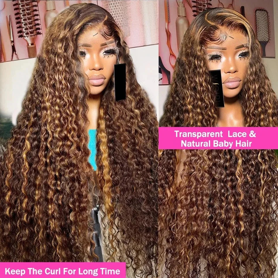 Perruque de cheveux humains bouclés avec dentelle frontale, 30 pouces, effet ondulé, brun, ombré, HD, 427