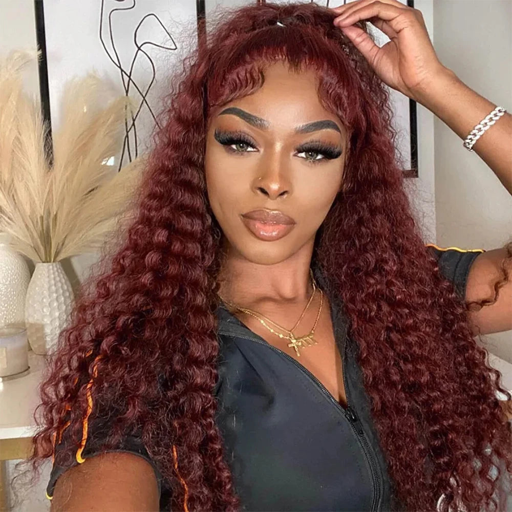 Perruque Lace Frontal Wig 220 % Deep Wave sans colle, cheveux humains bouclés, brun rougeâtre, 13x4, 7x5, pré-épilée, pré-coupée, pour femmes