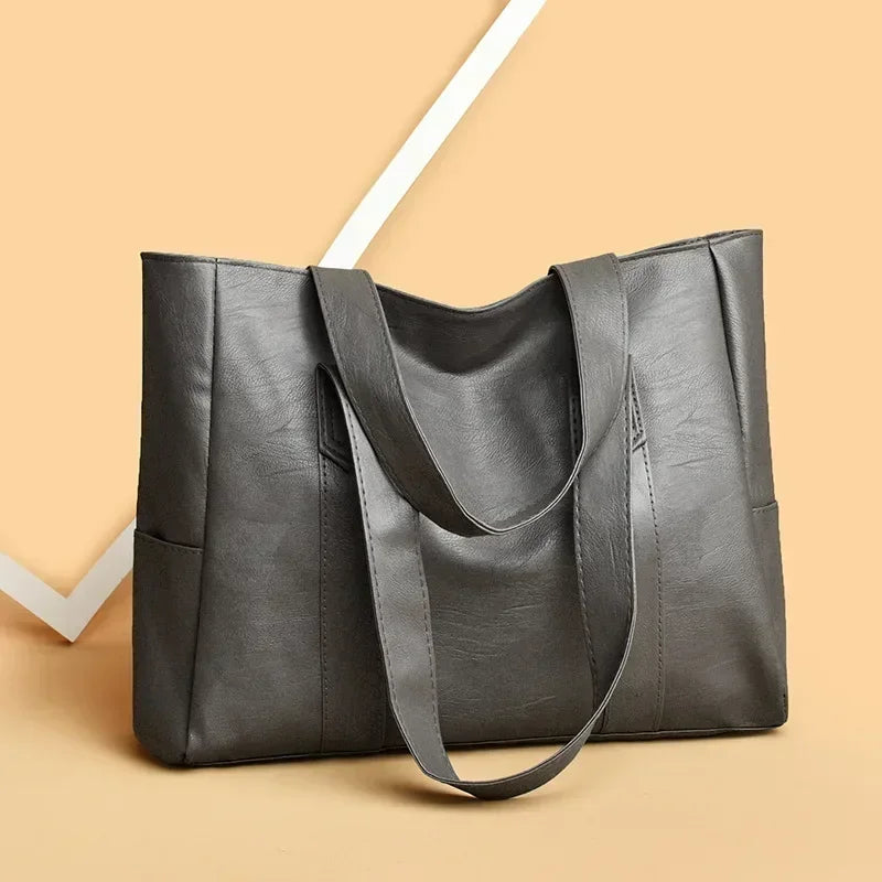 Grand sac cartable en cuir souple pour femme, classique, couleur unie, simple, décontracté, grande capacité, fourre-tout, sac à bandoulière simple