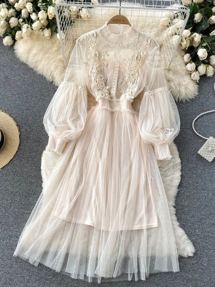 Robe pour femme, motif floral tridimensionnel, col montant, manches lanternes, taille haute, coupe ajustée