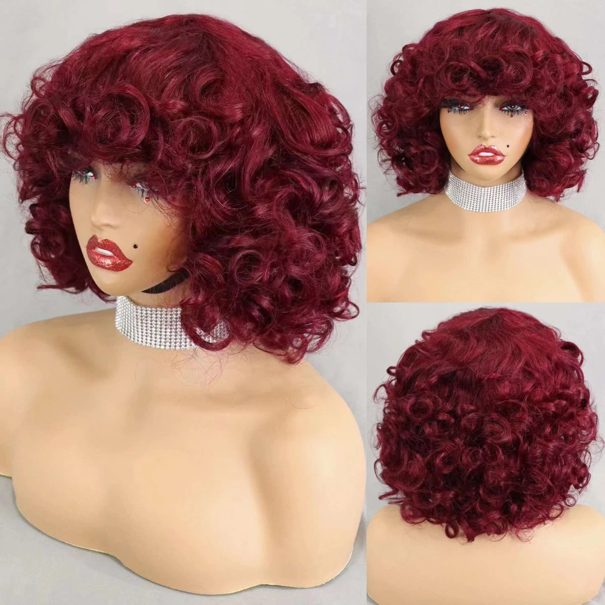 Perruques de cheveux humains bouclés et rebondissants bordeaux 99J #, densité 200 %, avec frange, courtes, bouclées et lâches, fabriquées à la machine, pré-épilées pour femmes